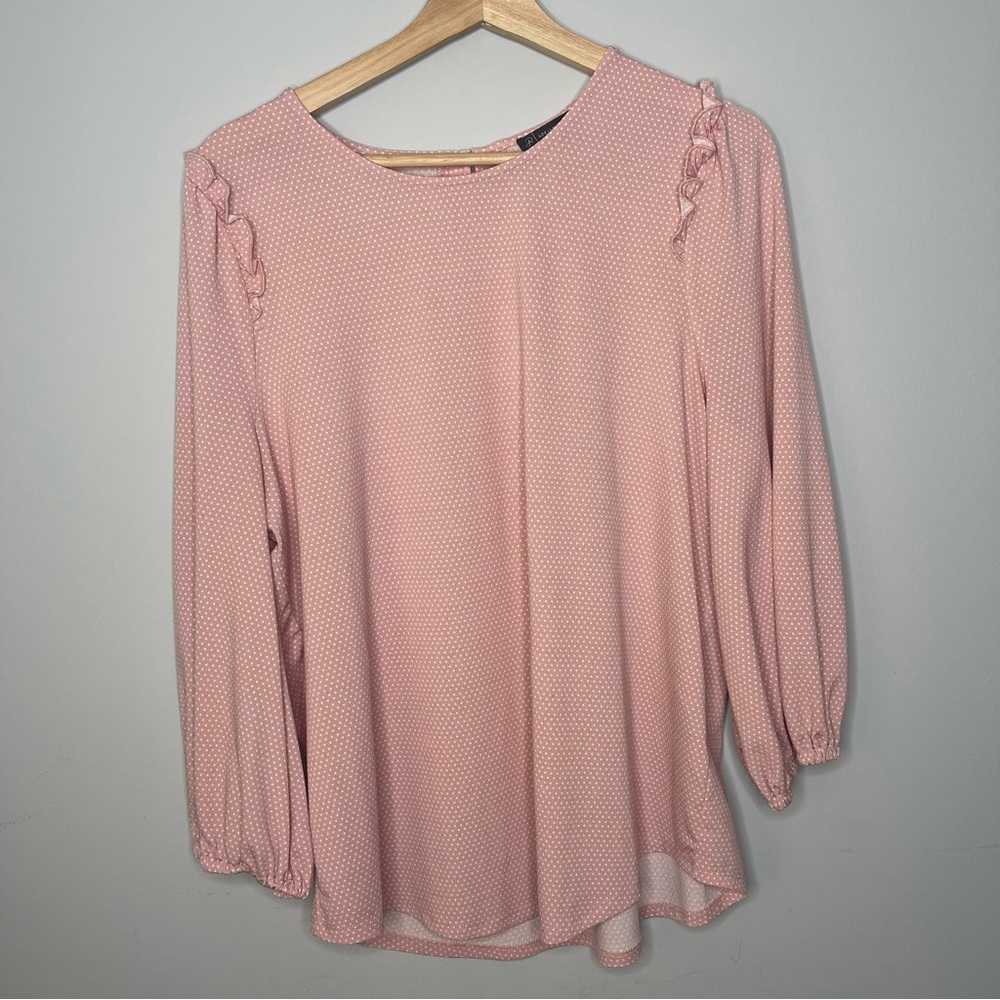 Adrianna Papell Ruffle Armhole 3/4 Sleeve Polka Dot Blouse (Large)
